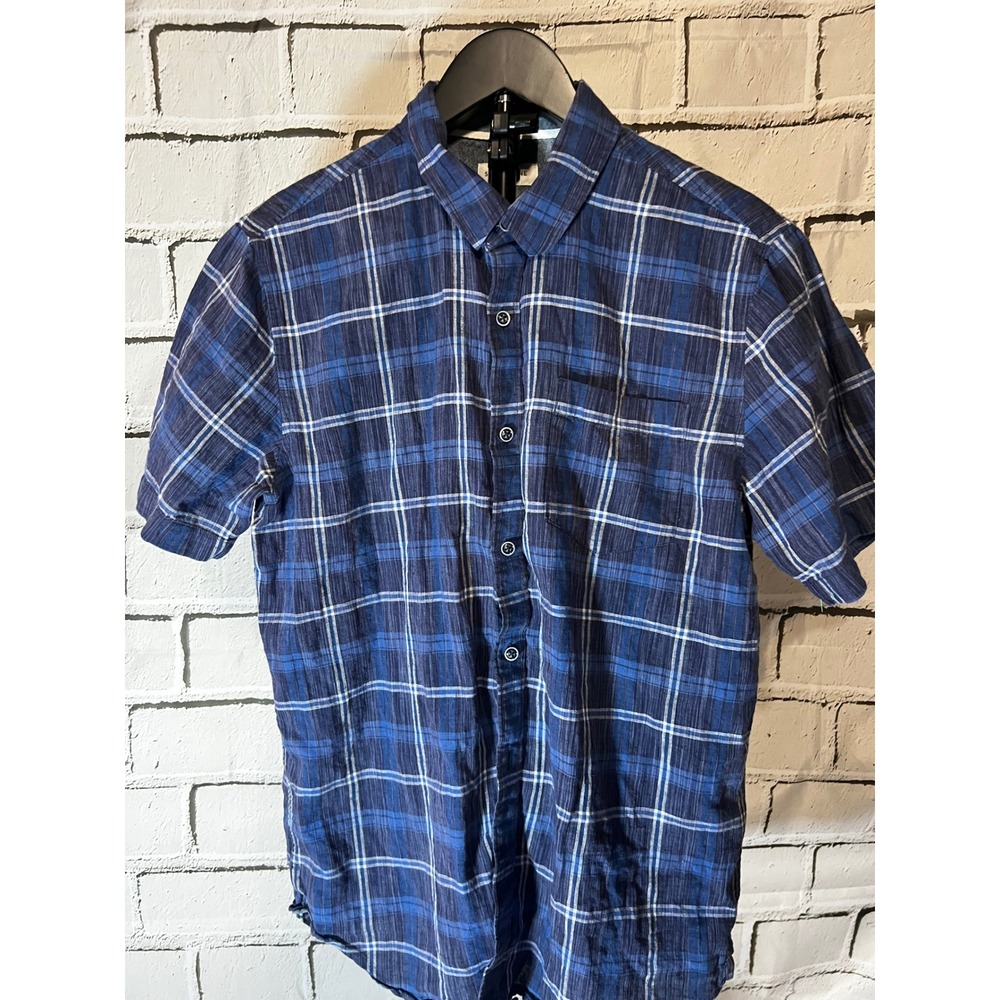 Sun + Stone Mens Blue Plaid Short Sleeve Button Down Shirt Medium Slub Texture